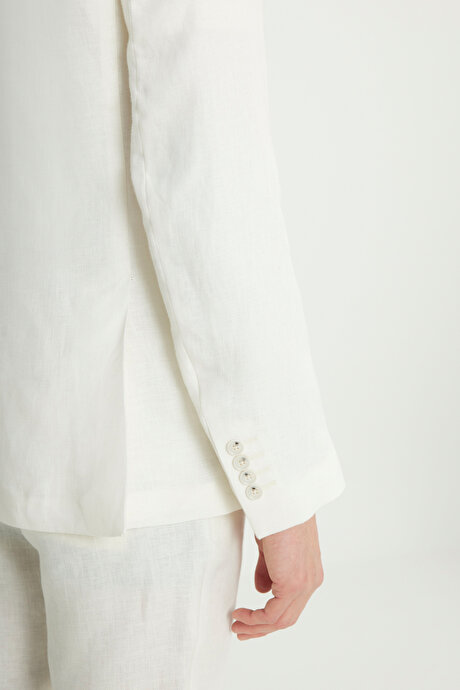 %100 Keten Slim Fit Dar Kesim Kırlangıç Yaka Torba Cepli Kruvaze Ekru Takım Elbise resmi