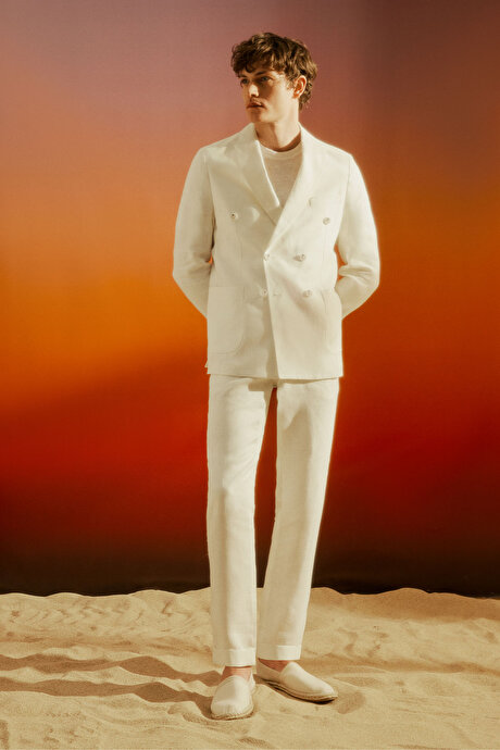 %100 Keten Slim Fit Dar Kesim Kırlangıç Yaka Torba Cepli Kruvaze Ekru Takım Elbise resmi