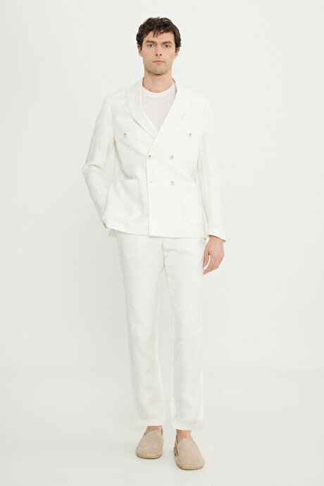 %100 Keten Slim Fit Dar Kesim Kırlangıç Yaka Torba Cepli Kruvaze Ekru Takım Elbise resmi