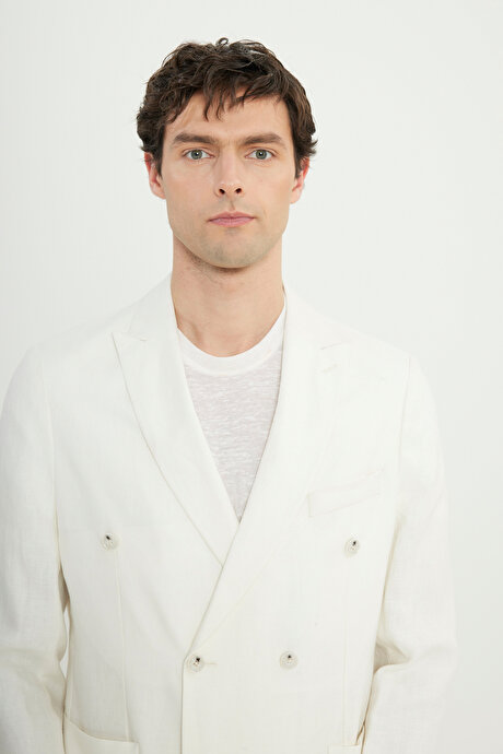 %100 Keten Slim Fit Dar Kesim Kırlangıç Yaka Torba Cepli Kruvaze Ekru Takım Elbise resmi