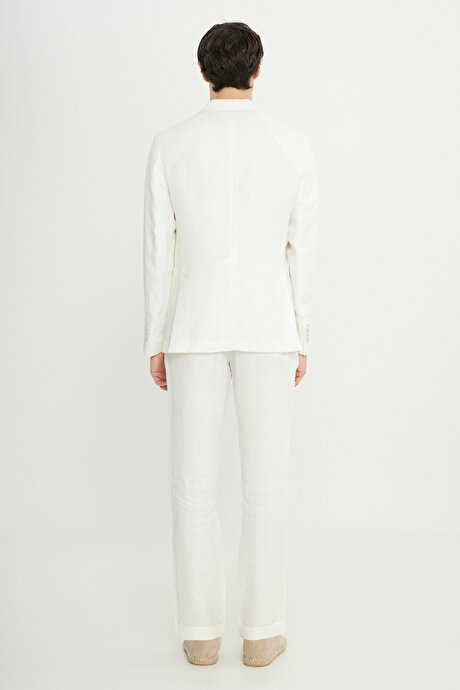 %100 Keten Slim Fit Dar Kesim Kırlangıç Yaka Torba Cepli Kruvaze Ekru Takım Elbise resmi