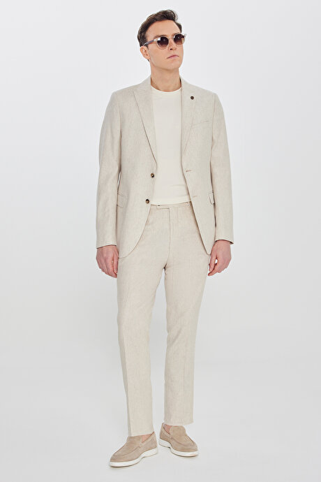 Keten Slim Fit Dar Kesim Kırlangıç Yaka Esnek Bej Takım Elbise resmi