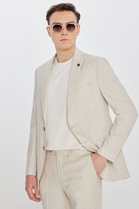 Keten Slim Fit Dar Kesim Kırlangıç Yaka Esnek Bej Takım Elbise resmi