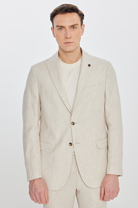 Keten Slim Fit Dar Kesim Kırlangıç Yaka Esnek Bej Takım Elbise resmi