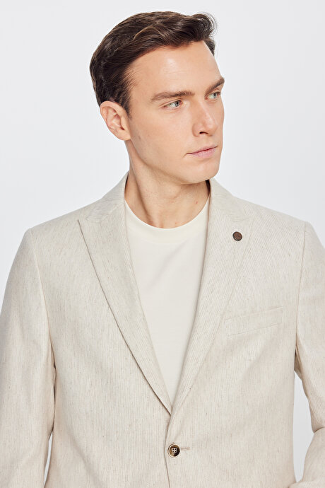 Keten Slim Fit Dar Kesim Kırlangıç Yaka Esnek Bej Takım Elbise resmi