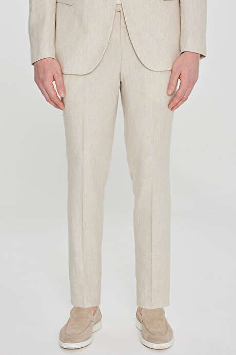 Keten Slim Fit Dar Kesim Kırlangıç Yaka Esnek Bej Takım Elbise resmi