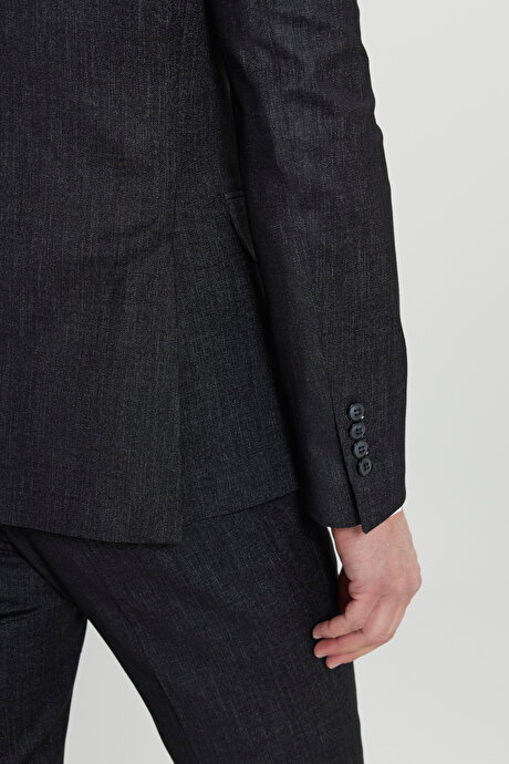 Slim Fit Dar Kesim Kırlangıç Yaka Desenli Kapak Cepli Siyah Takım Elbise resmi