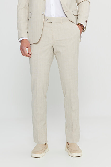 Yünlü Slim Fit Dar Kesim Kırlangıç Yaka Ekose Gofre Desenli Kapak Cepli Bej Takım Elbise resmi