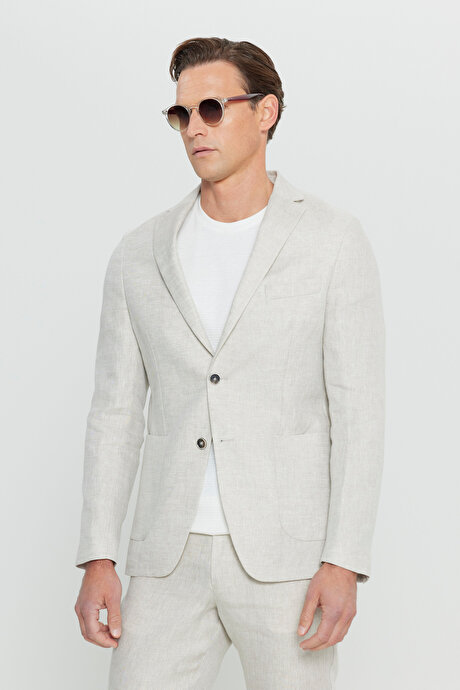 %100 Keten Ekstra Slim Fit Dar Kesim Beli Bağlamalı Kapak Cepli Bej Takım Elbise resmi