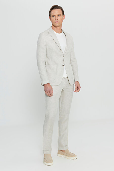 %100 Keten Ekstra Slim Fit Dar Kesim Beli Bağlamalı Kapak Cepli Bej Takım Elbise resmi