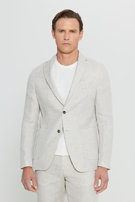 %100 Keten Ekstra Slim Fit Dar Kesim Beli Bağlamalı Kapak Cepli Bej Takım Elbise resmi