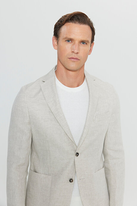 %100 Keten Ekstra Slim Fit Dar Kesim Beli Bağlamalı Kapak Cepli Bej Takım Elbise resmi