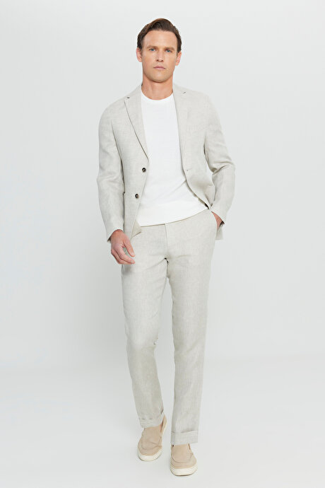 %100 Keten Ekstra Slim Fit Dar Kesim Beli Bağlamalı Kapak Cepli Bej Takım Elbise resmi