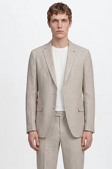 %100 Keten Ekstra Slim Fit Beli Bağlamalı Kapak Cepli Bej Takım Elbise resmi