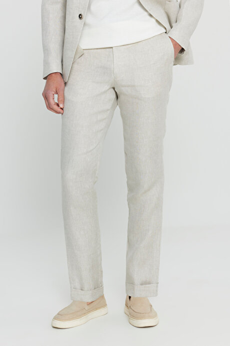 %100 Keten Ekstra Slim Fit Dar Kesim Beli Bağlamalı Kapak Cepli Bej Takım Elbise resmi