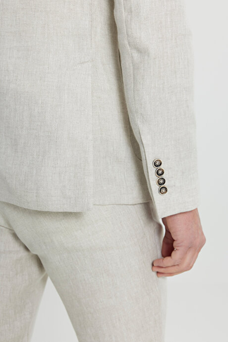 %100 Keten Ekstra Slim Fit Dar Kesim Beli Bağlamalı Kapak Cepli Bej Takım Elbise resmi