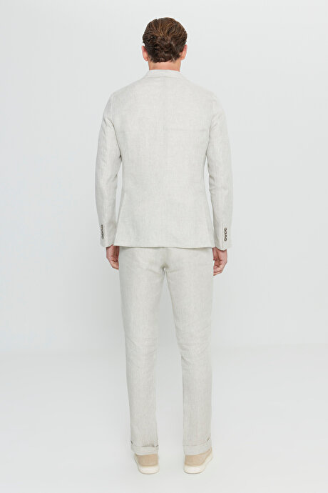 %100 Keten Ekstra Slim Fit Dar Kesim Beli Bağlamalı Kapak Cepli Bej Takım Elbise resmi