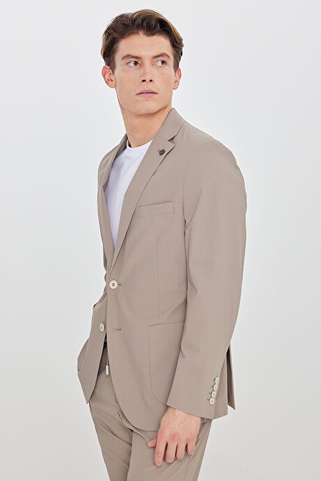 Slim Fit Dar Kesim Mono Yaka Torba Cepli Esnek Bej Takım Elbise resmi