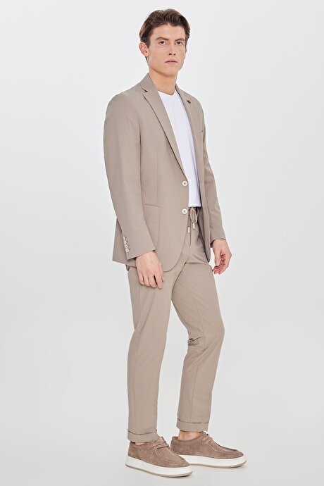 Slim Fit Dar Kesim Mono Yaka Torba Cepli Esnek Bej Takım Elbise resmi