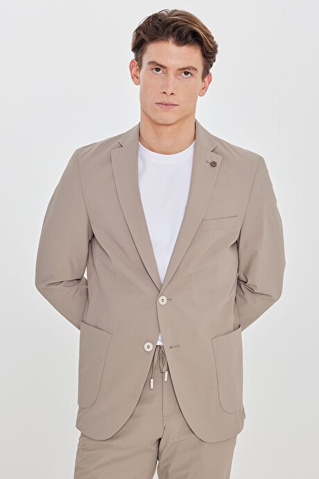 Slim Fit Dar Kesim Mono Yaka Torba Cepli Esnek Bej Takım Elbise resmi