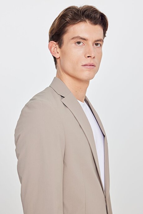 Slim Fit Dar Kesim Mono Yaka Torba Cepli Esnek Bej Takım Elbise resmi