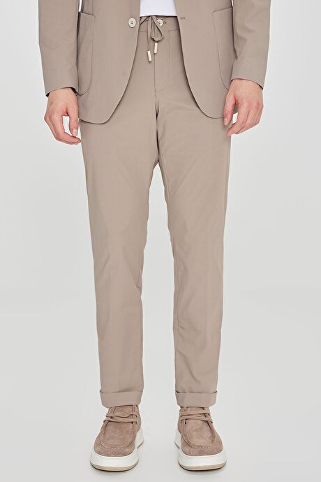 Slim Fit Dar Kesim Mono Yaka Torba Cepli Esnek Bej Takım Elbise resmi