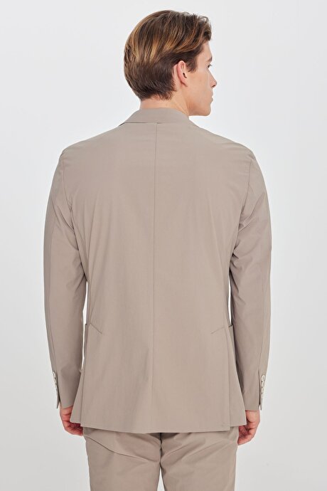 Slim Fit Dar Kesim Mono Yaka Torba Cepli Esnek Bej Takım Elbise resmi