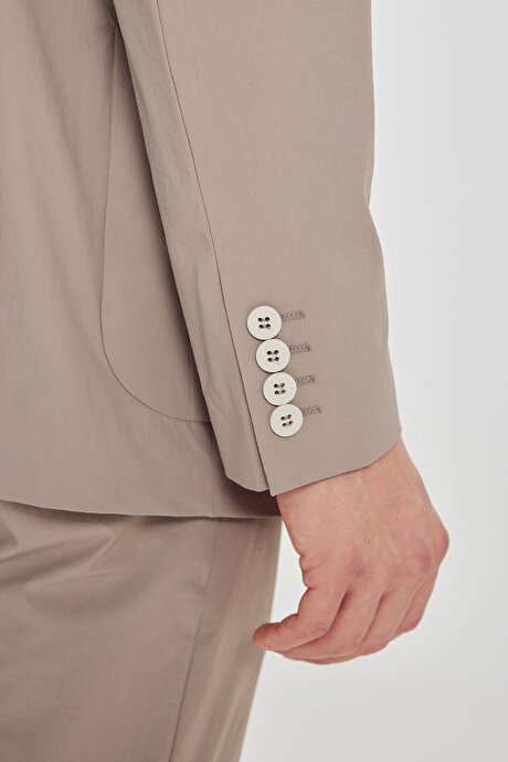 Slim Fit Dar Kesim Mono Yaka Torba Cepli Esnek Bej Takım Elbise resmi