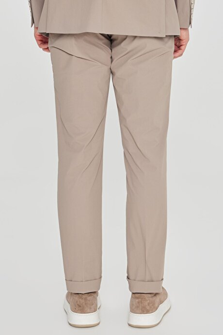 Slim Fit Dar Kesim Mono Yaka Torba Cepli Esnek Bej Takım Elbise resmi