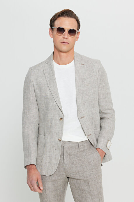 %100 Keten Slim Fit Dar Kesim Mono Yaka Kazayağı Desenli Bej Takım Elbise resmi