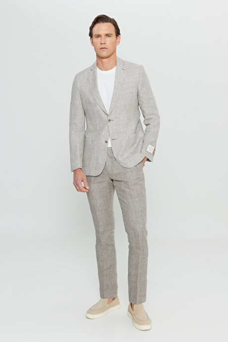 %100 Keten Slim Fit Dar Kesim Mono Yaka Kazayağı Desenli Bej Takım Elbise resmi