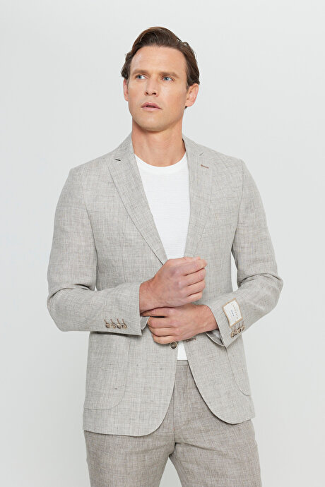 %100 Keten Slim Fit Dar Kesim Mono Yaka Kazayağı Desenli Bej Takım Elbise resmi