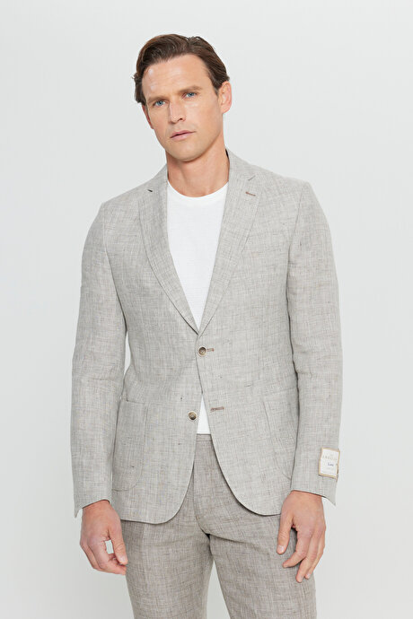 %100 Keten Slim Fit Dar Kesim Mono Yaka Kazayağı Desenli Bej Takım Elbise resmi