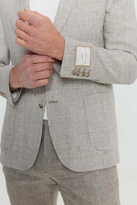 %100 Keten Slim Fit Dar Kesim Mono Yaka Kazayağı Desenli Bej Takım Elbise resmi