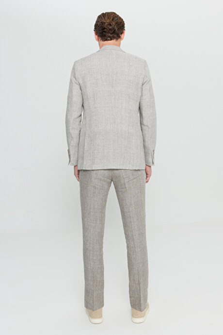 %100 Keten Slim Fit Dar Kesim Mono Yaka Kazayağı Desenli Bej Takım Elbise resmi