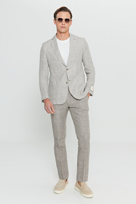 %100 Keten Slim Fit Dar Kesim Mono Yaka Kazayağı Desenli Bej Takım Elbise resmi