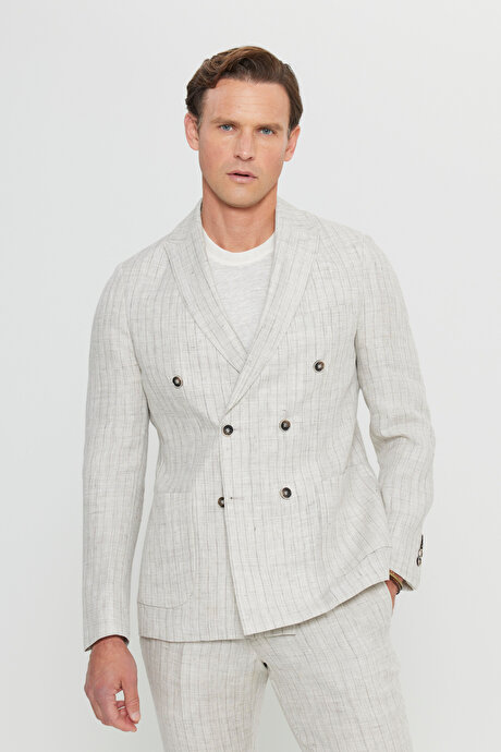 %100 Keten Slim Fit Dar Kesim Kırlangıç Yaka Torba Cepli Kruvaze Bej Takım Elbise resmi