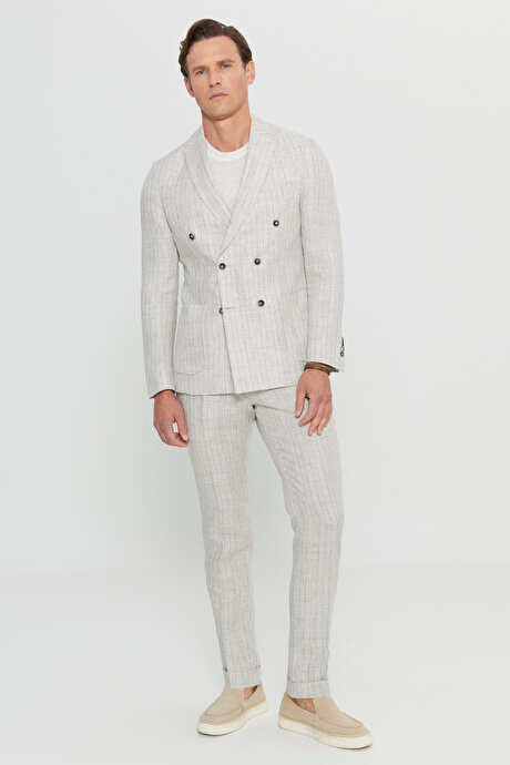 %100 Keten Slim Fit Dar Kesim Kırlangıç Yaka Torba Cepli Kruvaze Bej Takım Elbise resmi