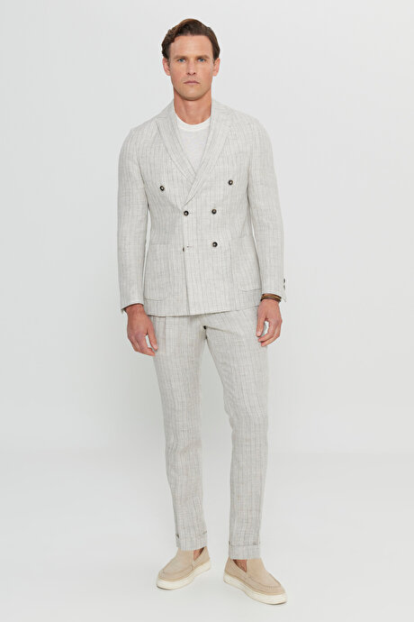 %100 Keten Slim Fit Dar Kesim Kırlangıç Yaka Torba Cepli Kruvaze Bej Takım Elbise resmi