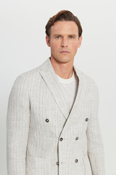 %100 Keten Slim Fit Dar Kesim Kırlangıç Yaka Torba Cepli Kruvaze Bej Takım Elbise resmi