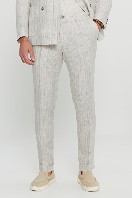 %100 Keten Slim Fit Dar Kesim Kırlangıç Yaka Torba Cepli Kruvaze Bej Takım Elbise resmi