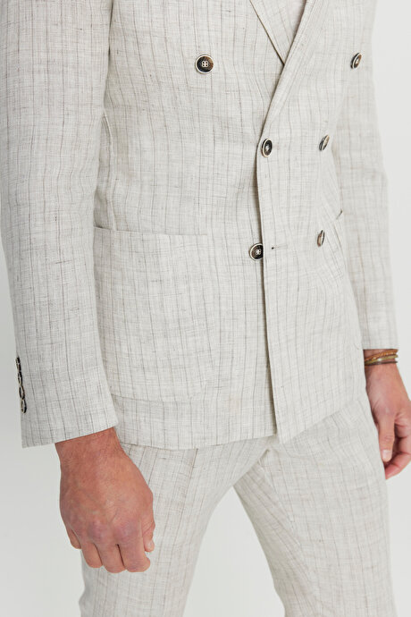 %100 Keten Slim Fit Dar Kesim Kırlangıç Yaka Torba Cepli Kruvaze Bej Takım Elbise resmi