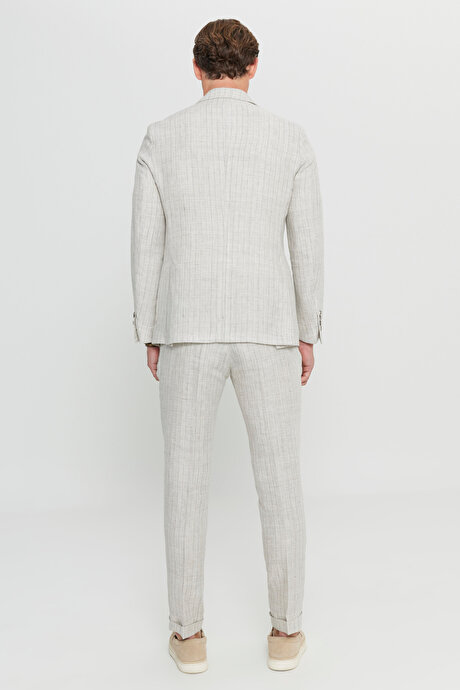 %100 Keten Slim Fit Dar Kesim Kırlangıç Yaka Torba Cepli Kruvaze Bej Takım Elbise resmi