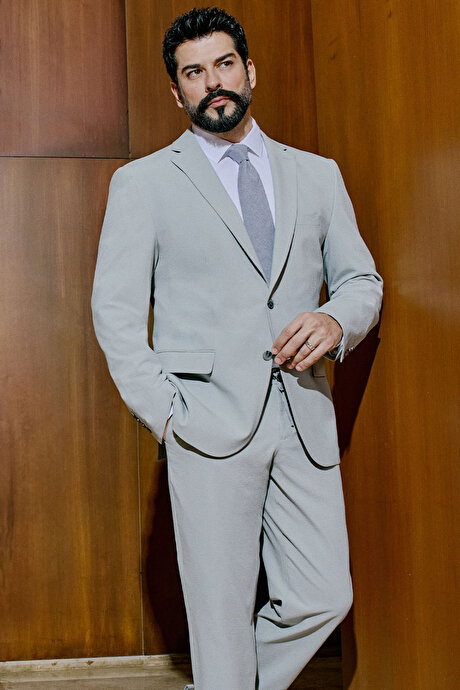 Slim Fit Dar Kesim Mono Yaka Beli Bağlamalı Kapak Cepli Esnek Gri Takım Elbise resmi