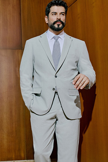 Slim Fit Dar Kesim Mono Yaka Beli Bağlamalı Kapak Cepli Esnek Gri Takım Elbise resmi