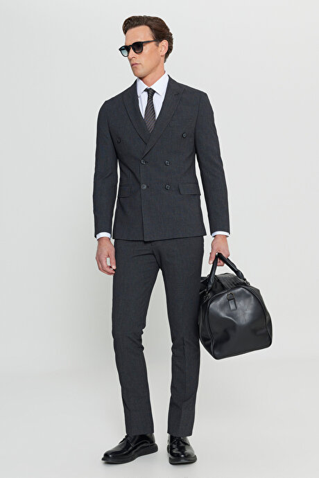 Slim Fit Dar Kesim Kırlangıç Yaka Ekose Gofre Desenli Kapak Cepli Esnek Kruvaze Antrasit Takım Elbise resmi