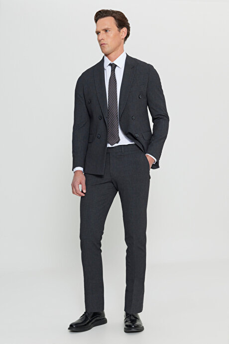 Slim Fit Dar Kesim Kırlangıç Yaka Ekose Gofre Desenli Kapak Cepli Esnek Kruvaze Antrasit Takım Elbise resmi