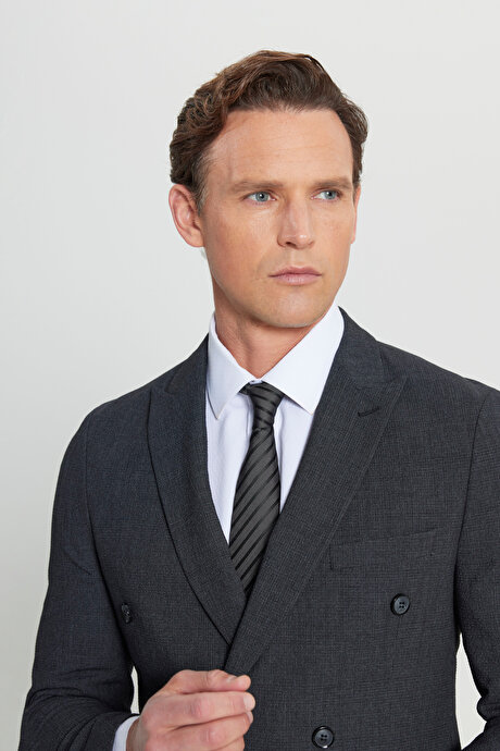 Slim Fit Dar Kesim Kırlangıç Yaka Ekose Gofre Desenli Kapak Cepli Esnek Kruvaze Antrasit Takım Elbise resmi