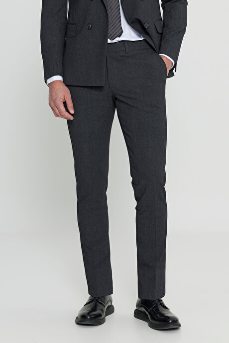 Slim Fit Dar Kesim Kırlangıç Yaka Ekose Gofre Desenli Kapak Cepli Esnek Kruvaze Antrasit Takım Elbise resmi