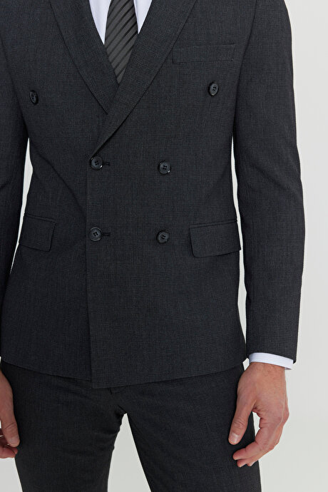 Slim Fit Dar Kesim Kırlangıç Yaka Ekose Gofre Desenli Kapak Cepli Esnek Kruvaze Antrasit Takım Elbise resmi
